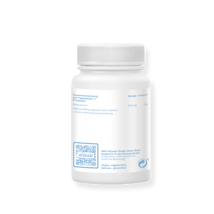 Rückseite der weißen „Dosis MagBalance+“-Dose mit Angaben zu Inhaltsstoffen, Magnesiumgehalt, Nährwertinformationen, QR-Code sowie Hinweisen zu veganer, vegetarischer, laktose- und glutenfreier Eignung.