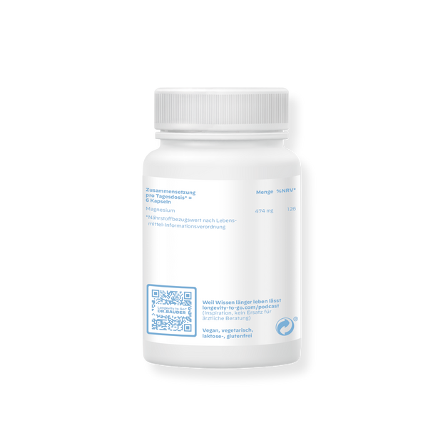 Rückseite der weißen „Dosis MagBalance+“-Dose mit Angaben zu Inhaltsstoffen, Magnesiumgehalt, Nährwertinformationen, QR-Code sowie Hinweisen zu veganer, vegetarischer, laktose- und glutenfreier Eignung.