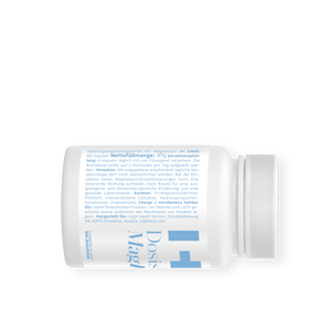 Liegend dargestellte Dose des Nahrungsergänzungsmittels „Dosis MagBalance+“. Sichtbar sind Produktinformationen, Anwendungshinweise und Herstellerangaben auf dem Etikett. Die Verpackung präsentiert sich in einem schlichten, modernen Design.