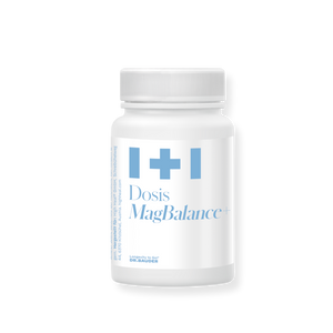 Weiße Nahrungsergänzungsmittel-Dose mit der Aufschrift „Dosis MagBalance+“ in hellblauer Typografie. Das minimalistische Design wird durch das Dr.-Bauder-Logo ergänzt und verweist auf ein Magnesiumpräparat zur Unterstützung von Wohlbefinden und Balance.