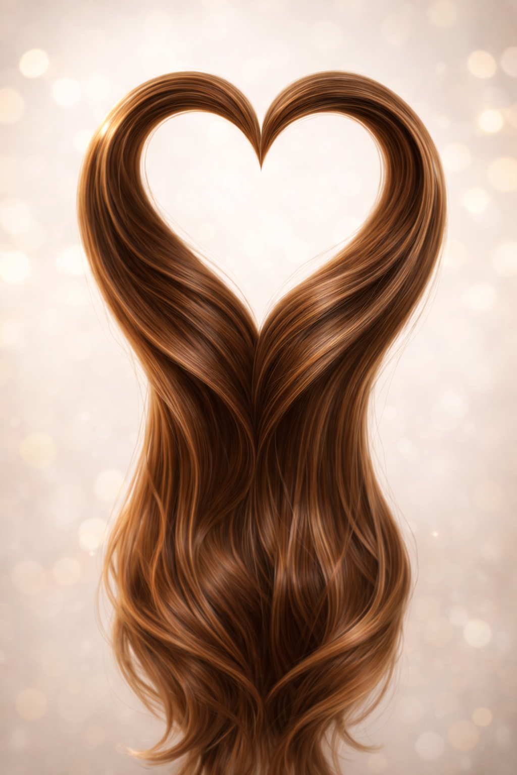 Lange, glänzende braune Haarsträhnen formen ein Herz vor einem hellen Hintergrund mit sanften Lichtreflexen. Die Darstellung symbolisiert gesundes, kräftiges und gepflegtes Haar.