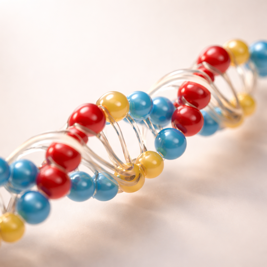 Dreidimensionale Darstellung einer DNA-ähnlichen Molekülstruktur aus roten, blauen und gelben Kugeln, verbunden durch transparente Elemente. Die wissenschaftliche Illustration symbolisiert Kollagen, Zellstruktur und molekulare Vernetzung.