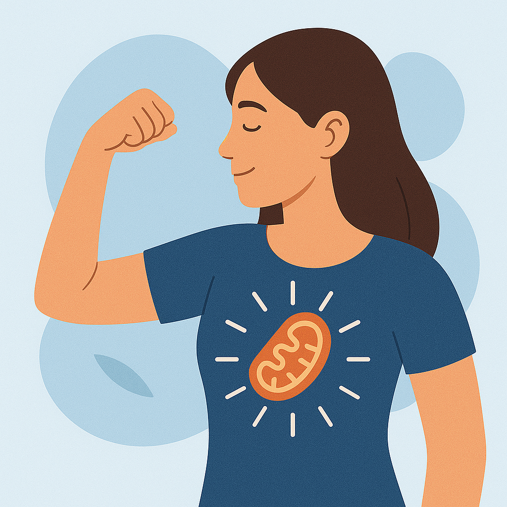 Illustration einer vitalen Frau mit hervorgehobener Mitochondrien-Symbolik als Zeichen für aktive Zellenergie, Leistungsfähigkeit und Wohlbefinden.
